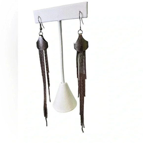 5” Stands Silver Long Dangle Drop Tassel Earrings - Sleek Chain Wedding Jewelry - Picture 4 of 7